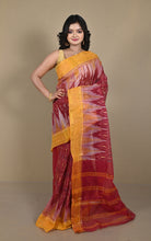 Begampuri Bengal Handloom Sambalpuri Kotki Cotton Saree in Wine Red, Mustard Yellow and Off White