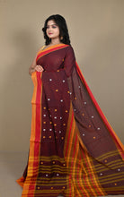 Begampuri Bengal Handloom Cotton Saree in Maroon Oak, Vibrant Orange and Red