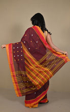 Begampuri Bengal Handloom Cotton Saree in Maroon Oak, Vibrant Orange and Red