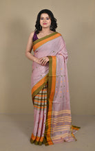Begampuri Bengal Handloom Cotton Saree in Soft Pink, Vibrant Orange and Olive Green