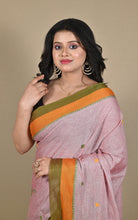 Begampuri Bengal Handloom Cotton Saree in Soft Pink, Vibrant Orange and Olive Green