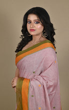 Begampuri Bengal Handloom Cotton Saree in Soft Pink, Vibrant Orange and Olive Green