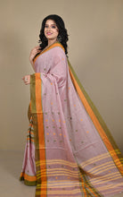 Begampuri Bengal Handloom Cotton Saree in Soft Pink, Vibrant Orange and Olive Green