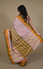 Begampuri Bengal Handloom Cotton Saree in Soft Pink, Vibrant Orange and Olive Green