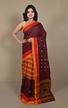 Begampuri Bengal Handloom Cotton Saree in Maroon Oak, Vibrant Orange and Red