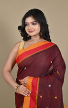 Begampuri Bengal Handloom Cotton Saree in Maroon Oak, Vibrant Orange and Red