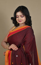 Begampuri Bengal Handloom Cotton Saree in Maroon Oak, Vibrant Orange and Red