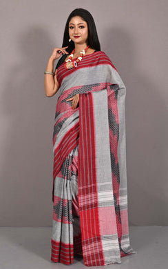 Begampuri Bengal Handloom Sambalpuri Kotki  Cotton Saree in Grey, Black and Dark Red