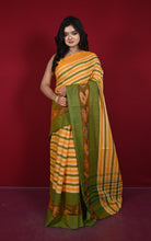 Bengal Handloom Skirt Kotki Paisley Motif Border Soft Begampuri Cotton Saree in Apricot, Khaki Green and Caidum