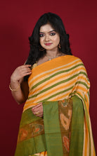 Bengal Handloom Skirt Kotki Paisley Motif Border Soft Begampuri Cotton Saree in Apricot, Khaki Green and Caidum