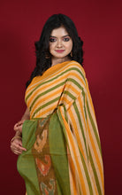 Bengal Handloom Skirt Kotki Paisley Motif Border Soft Begampuri Cotton Saree in Apricot, Khaki Green and Caidum