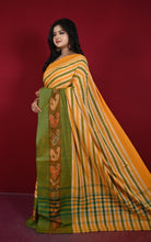 Bengal Handloom Skirt Kotki Paisley Motif Border Soft Begampuri Cotton Saree in Apricot, Khaki Green and Caidum