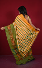 Bengal Handloom Skirt Kotki Paisley Motif Border Soft Begampuri Cotton Saree in Apricot, Khaki Green and Caidum