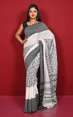 Bengal Handloom Bird Nakshi Motif Brocade Work Soft Begampuri Cotton Saree in Off White and Black