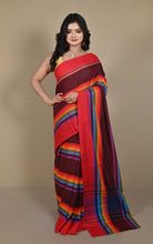 Bengal Handloom Designer Woven Strpes on Soft Begampuri Cotton Saree in Maroon Oak, Persian Red and Multicolored