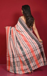 Bengal Handloom Fish Nakshi Motif Soft Begampuri Cotton Saree in Off White, Orange and Black