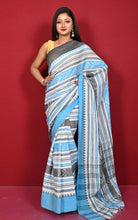 Bengal Handloom Fish Nakshi Motif Soft Begampuri Cotton Saree in Off White, Blue and Black