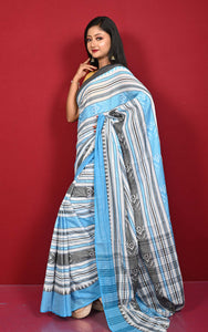 Bengal Handloom Fish Nakshi Motif Soft Begampuri Cotton Saree in Off White, Blue and Black