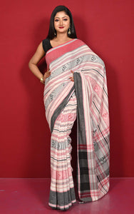 Bengal Handloom Fish Nakshi Motif Soft Begampuri Cotton Saree in Off White, Red and Black