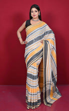 Bengal Handloom Fish Nakshi Motif Soft Begampuri Cotton Saree in Off White, Yelow and Black