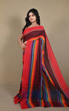 Bengal Handloom Designer Woven Strpes on Soft Begampuri Cotton Saree in Maroon Oak, Persian Red and Multicolored