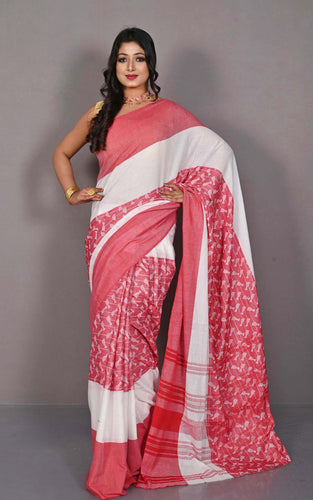 Bengal Handloom Bird Nakshi Motif Brocade Work Soft Begampuri Cotton Saree in Off White and Red