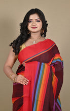 Bengal Handloom Designer Woven Strpes on Soft Begampuri Cotton Saree in Maroon Oak, Persian Red and Multicolored