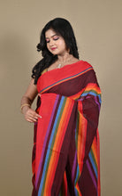 Bengal Handloom Designer Woven Strpes on Soft Begampuri Cotton Saree in Maroon Oak, Persian Red and Multicolored