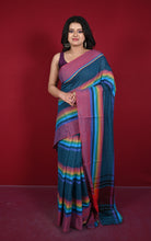 Bengal Handloom Designer Woven Strpes on Soft Begampuri Cotton Saree in Dark Denim Blue, Light Burgundy and Multicolored