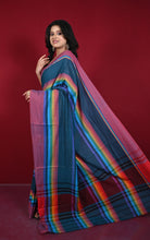 Bengal Handloom Designer Woven Strpes on Soft Begampuri Cotton Saree in Dark Denim Blue, Light Burgundy and Multicolored