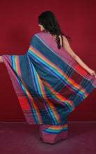 Bengal Handloom Designer Woven Strpes on Soft Begampuri Cotton Saree in Dark Denim Blue, Light Burgundy and Multicolored