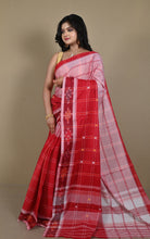 Begampuri Bengal Handloom Cotton Kotki Checks Saree – Red & Blush Pink