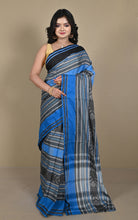 Bengal Handloom Fish Nakshi Motif Soft Begampuri Cotton Saree in Ash Grey, Black and Mariner Blue