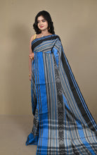 Bengal Handloom Fish Nakshi Motif Soft Begampuri Cotton Saree in Ash Grey, Black and Mariner Blue