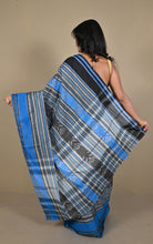 Bengal Handloom Fish Nakshi Motif Soft Begampuri Cotton Saree in Ash Grey, Black and Mariner Blue