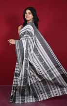 Bengal Handloom Fish Nakshi Motif Soft Begampuri Cotton Saree in Off White and Black