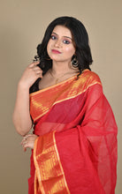 Bengal Handloom Woven Jacket Banarasi Nakshi Border Soft Begampuri Cotton Saree in Red and Beige