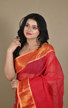 Bengal Handloom Woven Jacket Banarasi Nakshi Border Soft Begampuri Cotton Saree in Red and Beige