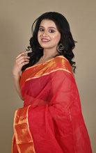 Bengal Handloom Woven Jacket Banarasi Nakshi Border Soft Begampuri Cotton Saree in Red and Beige