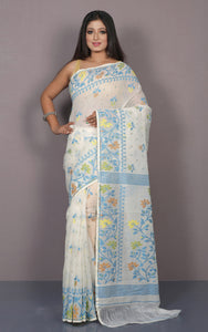 Hand Woven Work Cotton Jamdani Saree in Off White, Pastel Blue and Multicolored