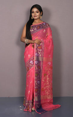 Hand Woven Work Cotton Jamdani Saree in Dark Pink, Purple and Multicolored