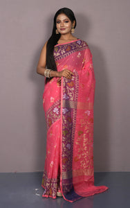 Hand Woven Work Cotton Jamdani Saree in Dark Pink, Purple and Multicolored
