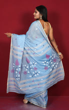 Hand Woven Cotton Jamdani Saree in Powder Blue, Ecru and Multicolored Thread Work