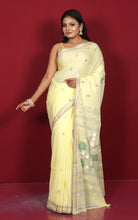 Hand Woven Cotton Jamdani Saree in Pastel Yellow, Taupe and Multicolored Thread Work