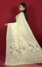 Hand Woven Cotton Jamdani Saree in Pastel Yellow, Taupe and Multicolored Thread Work