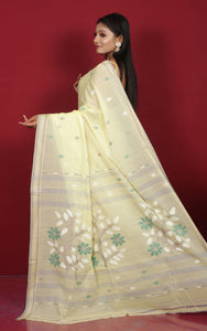 Hand Woven Cotton Jamdani Saree in Pastel Yellow, Taupe and Multicolored Thread Work