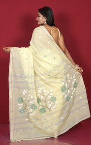 Hand Woven Cotton Jamdani Saree in Pastel Yellow, Taupe and Multicolored Thread Work