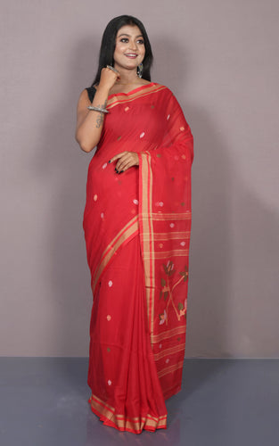 Hand Woven Cotton Jamdani Saree in Red, Beige and Multicolored Thread Work