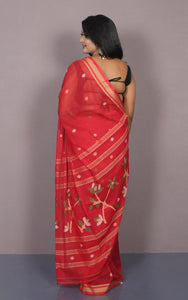 Hand Woven Cotton Jamdani Saree in Red, Beige and Multicolored Thread Work