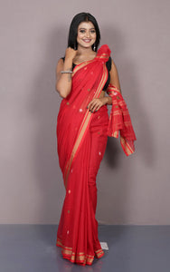 Hand Woven Cotton Jamdani Saree in Red, Beige and Multicolored Thread Work